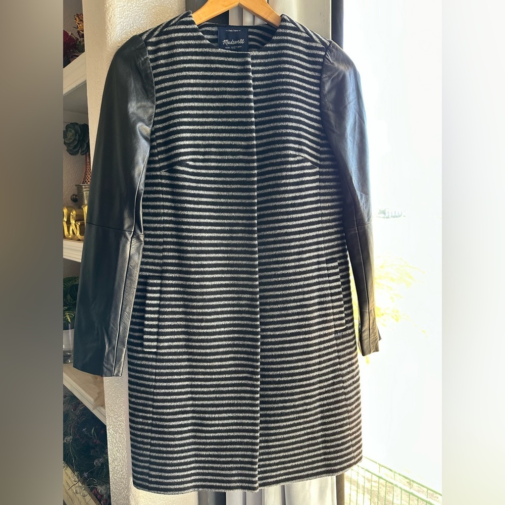 Madewell Jcrew striped Black Grey wool blend coat with leather sleeves size XS